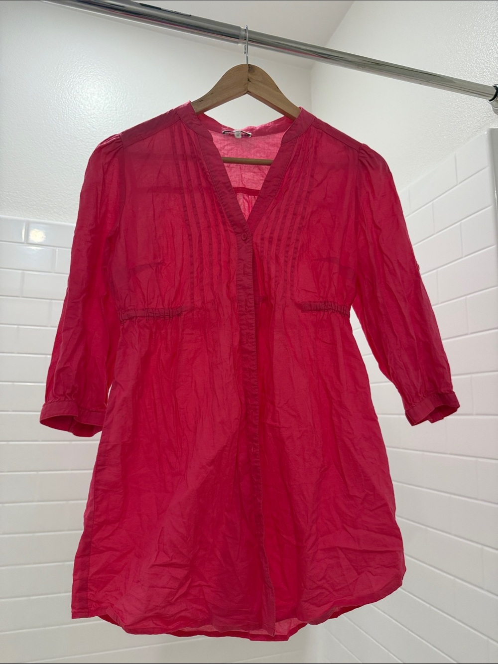 Hot Pink Linen Pleated Boho Peasant Tunic Blouse 3/4 Sleeve Sz S